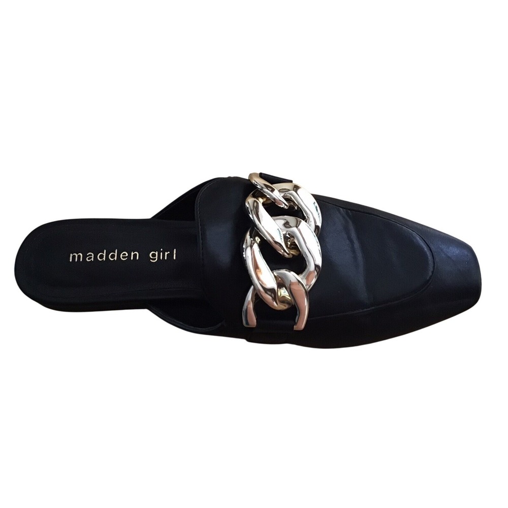 Madden Girl Squire Mules Slides Black Gold Chain Accent Pointed Toe Slip On 6M‎
